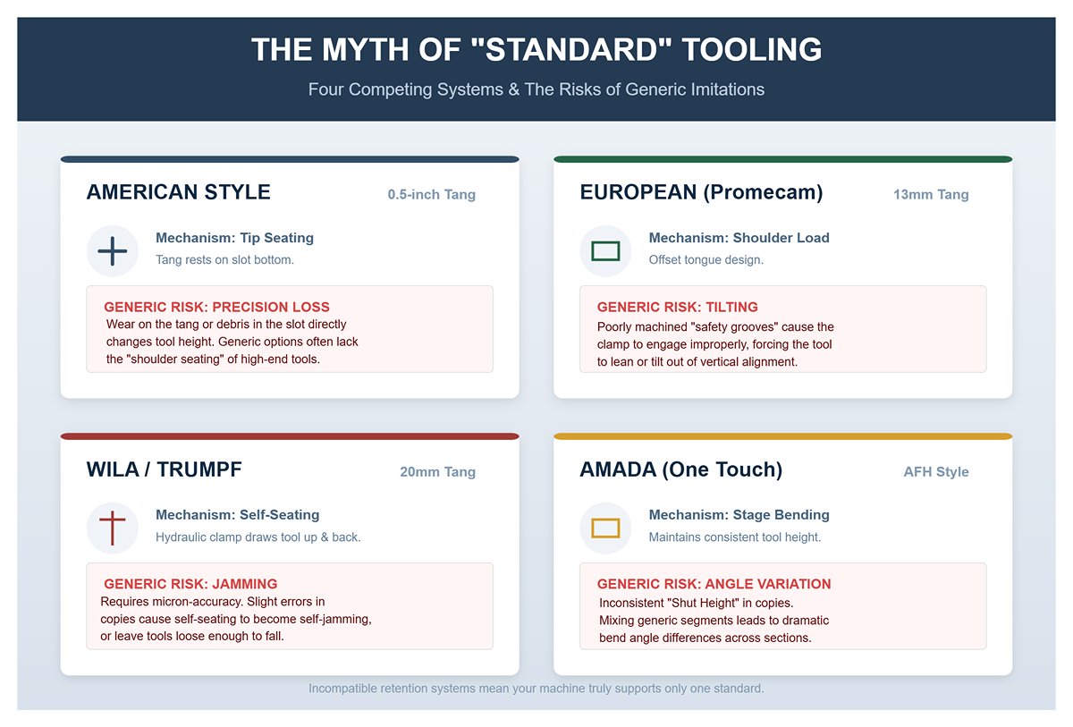 Four competing systems all claim to be “standard” (American, European, Wila, Amada)—but your machine truly supports only one